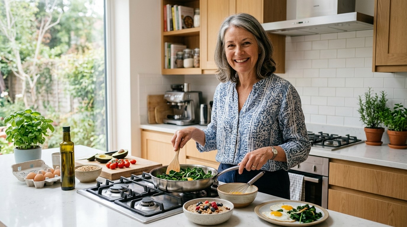 Woman preparing a healthy breakfast with leafy greens and whole grains