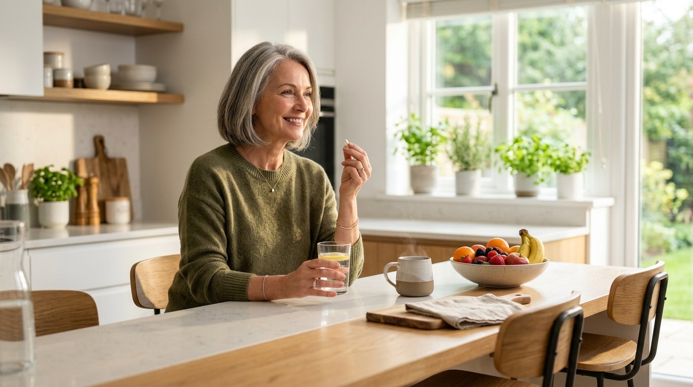 Woman at a bright kitchen counter taking a supplement capsule with water