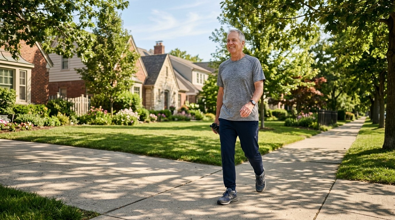 Mature man walking comfortably on a sunny suburban sidewalk