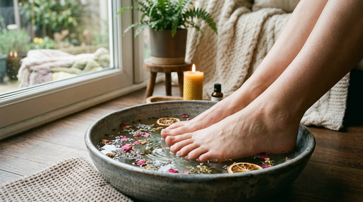 Bare feet resting comfortably in a warm foot soak