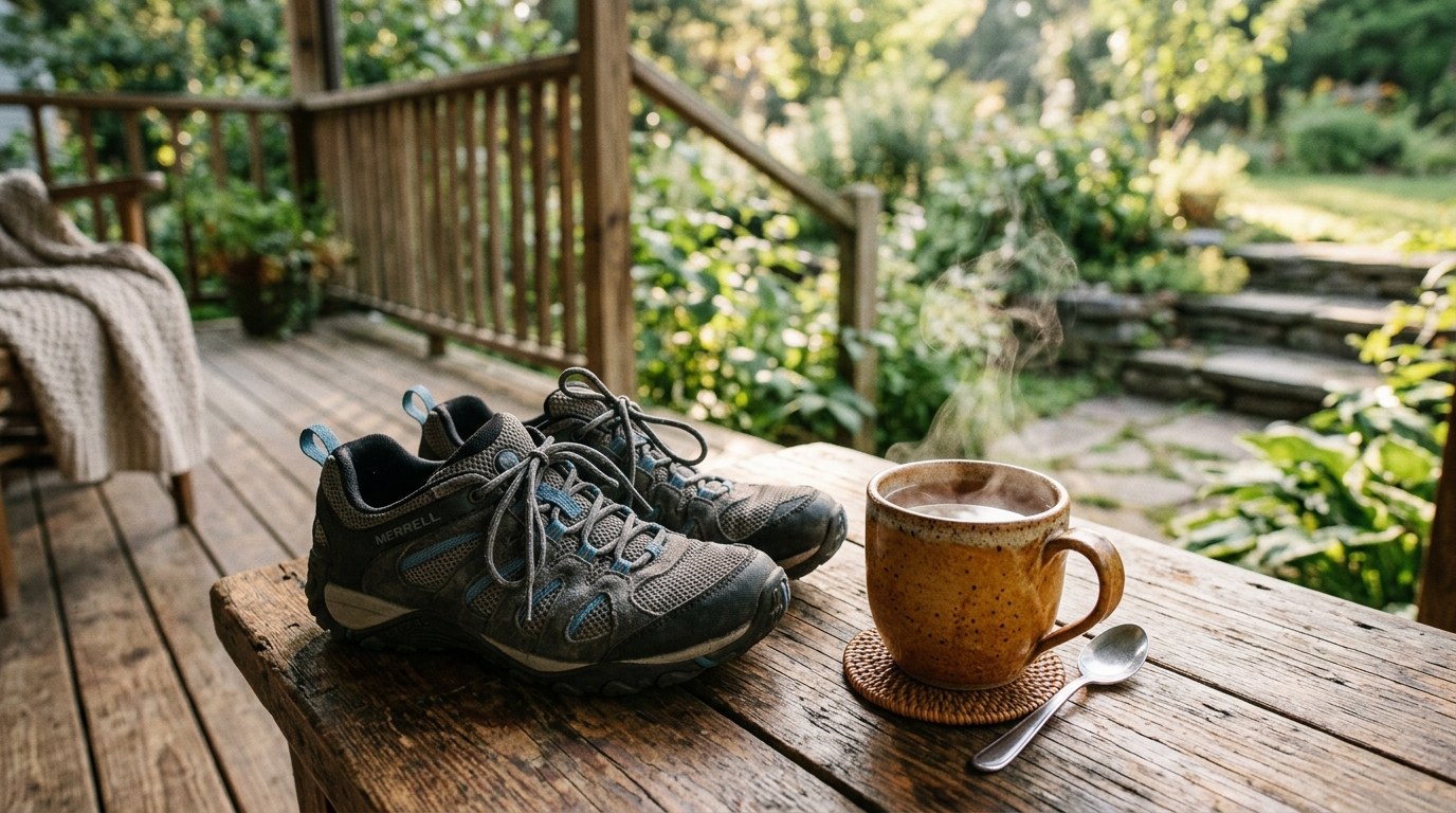 Comfortable walking shoes and a warm cup of tea on a wooden porch table