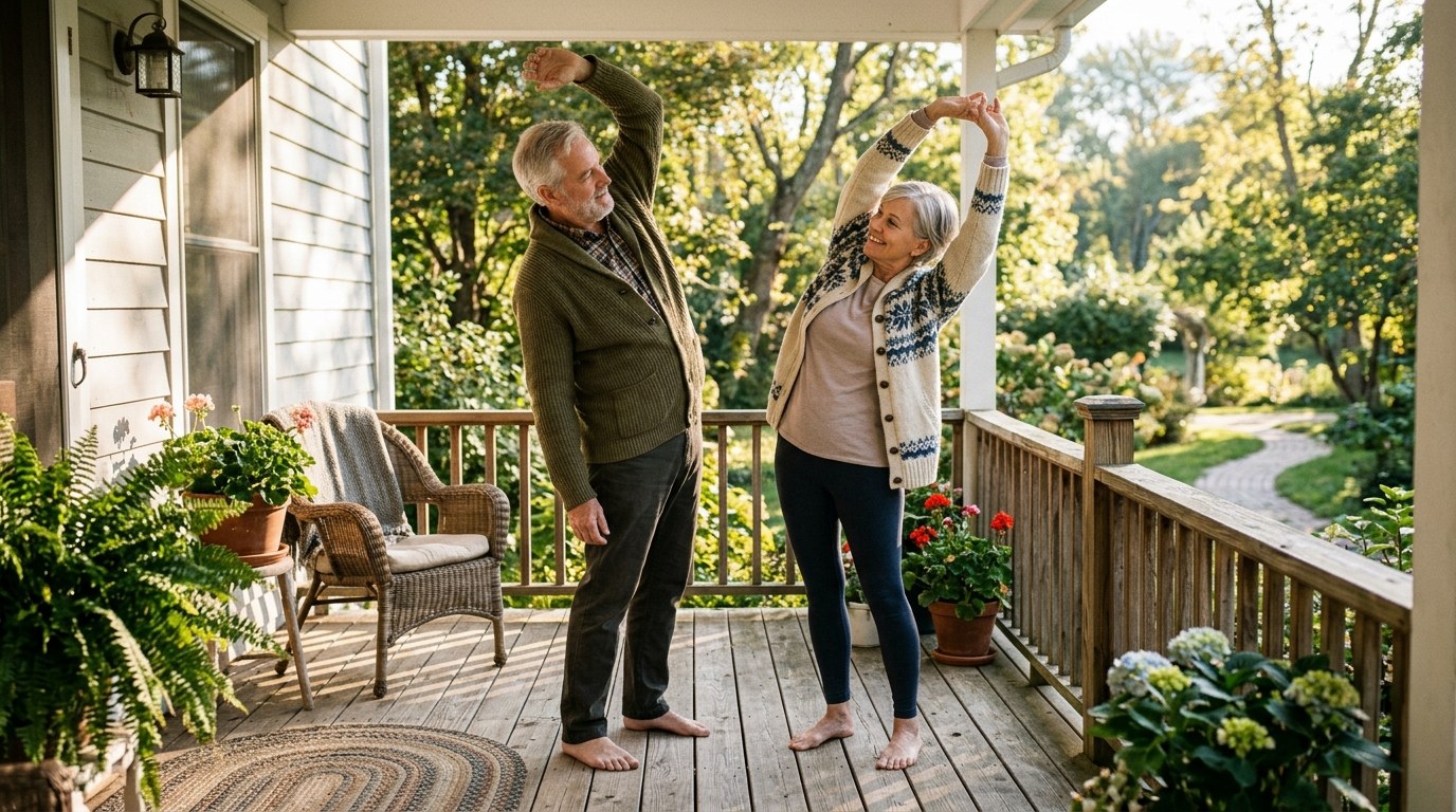Mature couple stretching together on a sunlit porch in the morning